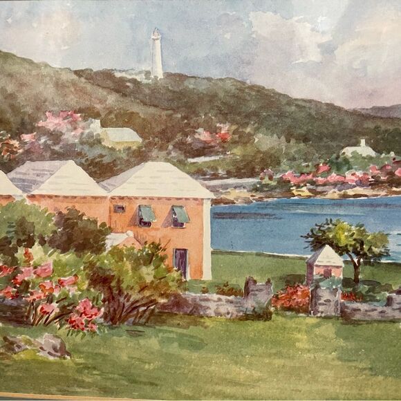 Ethel Tucker Vintage Bermuda Framed Lithograph Print of Waterlot Inn&Lighthouse - Picture 1 of 12